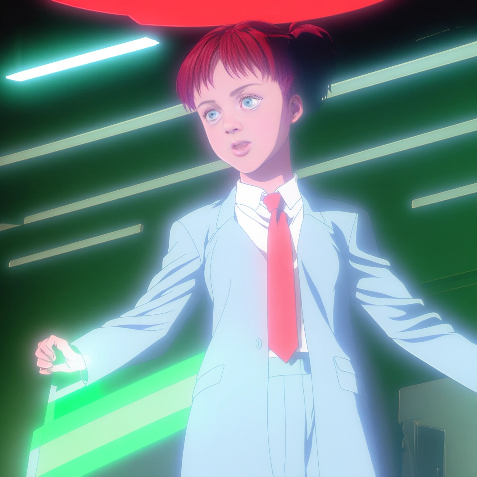 a woman in a suit and tie with a red tie on her head and a green light in the background