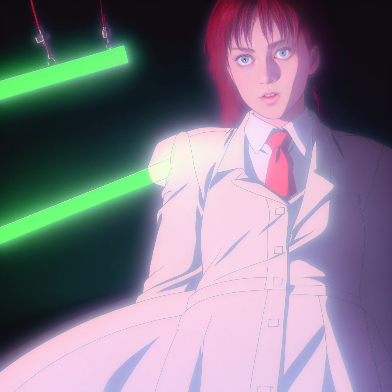 a woman in a suit and tie with a red tie on her head and a green light in the background