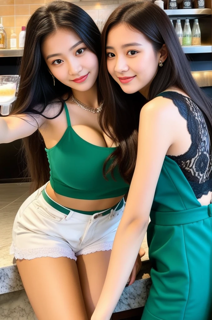 2 best friends, Selfie a closeup of a woman wearing a sexy lace pink top, shorts, 18 years old,pokimane, 20 years old,  2 , cl, 19 year old girl, straight black long hair,, 2 3 years old a young woman,big breast, big chest, big booty, full body shot, selfie, in the cafe,big breast, selfie, selfie,  best friends,  2 beautiful women, selfie , black hair, thailand famous cafè, small breasts, green outfit, and blue outfit