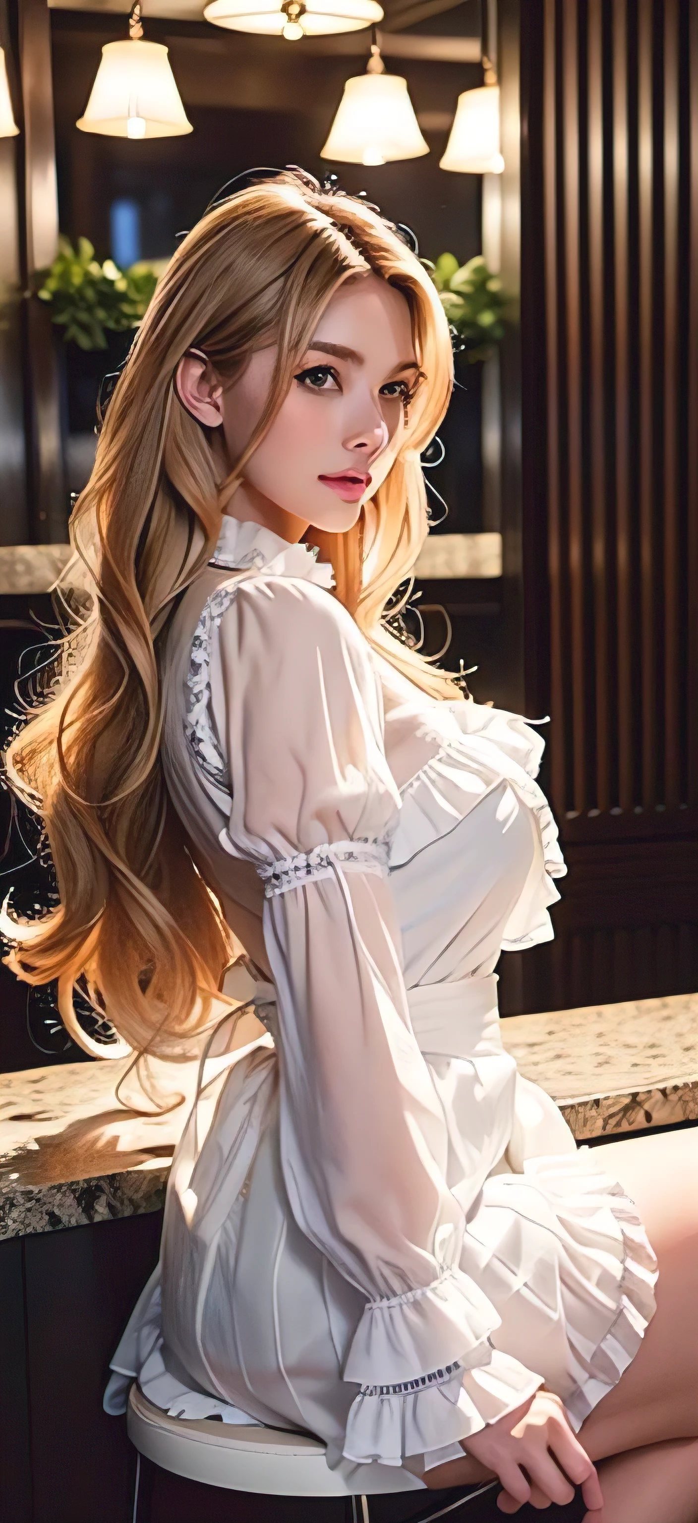 blue eyes、blonde、Ultra-long、Full body photo、Sexy Face、 A look of complete lust、(((masterpiece)))、((Highest quality))、((超Realistic))、Mature Woman、Mature Woman、perspective、Very detailed、The perfect temptation、Best image quality、Fine-grained image quality、beautiful、jewelry, blue eyes, Realistic, High resolution, Glowing Skin, (Detailed face)、wearing white ruffle blouse_long see-through sleeves,Pleated mini skirt with many checked folds,Sits on a bar chair by the counter in a seductive pose in a stylish bar at night、Place your left hand gently on your chin,with big laughter,Super long blonde hair with loose waves inside_Hair reaching down to the waist、