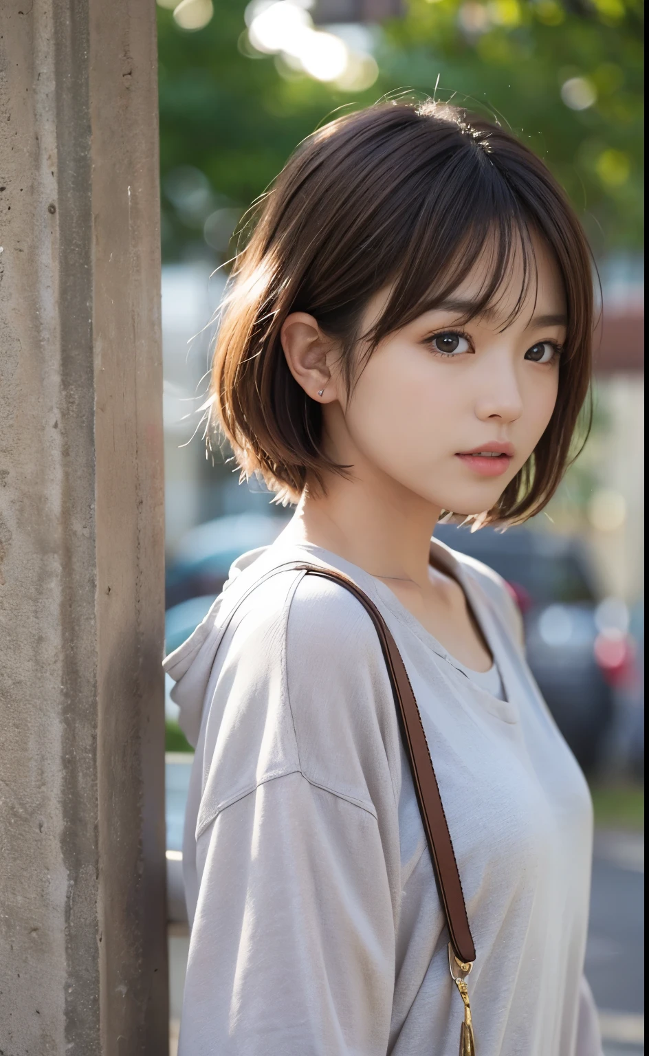 Cute 21 year old Japanese、university student、Large classroom、barely、Ultra-detailed face、An eye for detail、double eyelid、Beautiful thin nose、Sharp Focus:1.2、Beauty:1.4、(Light brown hair、short hair、Highest quality、illumination、Impressive、Ultra-high resolution、(Photorealistic:1.4)、Cute spring clothes、Tシャツ、Bカップの胸、