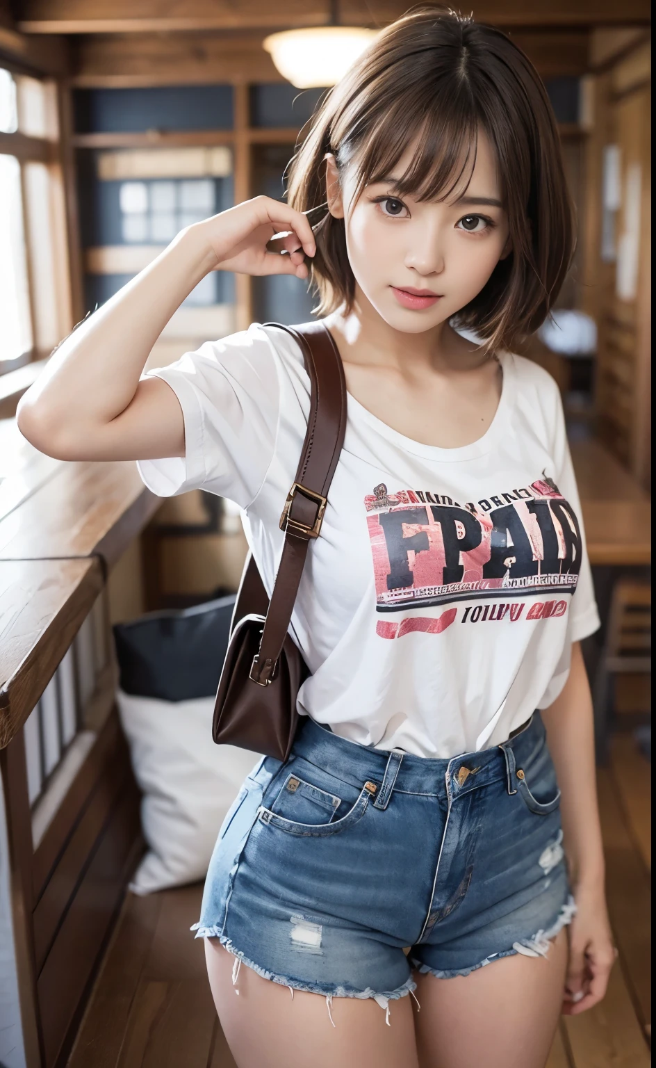 Cute 21 year old Japanese、university student、Large classroom、barely、Ultra-detailed face、An eye for detail、double eyelid、Beautiful thin nose、Sharp Focus:1.2、Beauty:1.4、(Light brown hair、short hair、Highest quality、illumination、Impressive、Ultra-high resolution、(Photorealistic:1.4)、Cute spring clothes、Tシャツ、Bカップの胸、