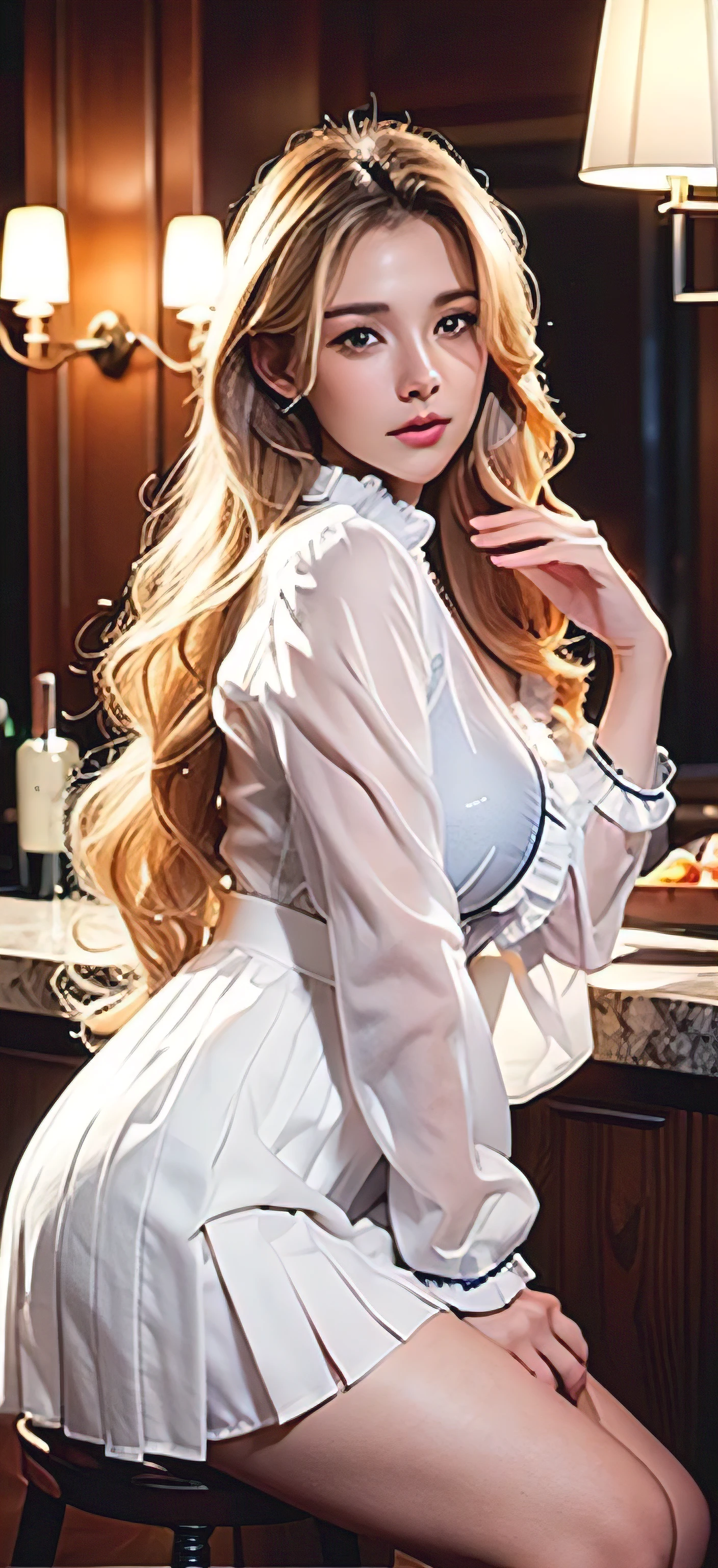 blue eyes、blonde、Ultra-long、Full body photo、Sexy Face、 A look of complete lust、(((masterpiece)))、((Highest quality))、((超Realistic))、Mature Woman、Mature Woman、perspective、Very detailed、The perfect temptation、Best image quality、Fine-grained image quality、beautiful、jewelry, blue eyes, Realistic, High resolution, Glowing Skin, (Detailed face)、wearing white ruffle blouse_long see-through sleeves,Pleated mini skirt with many checked folds,Sits on a bar chair by the counter in a seductive pose in a stylish bar at night、Place your left hand gently on your chin,with big laughter,Super long blonde hair with loose waves inside_Hair reaching down to the waist、