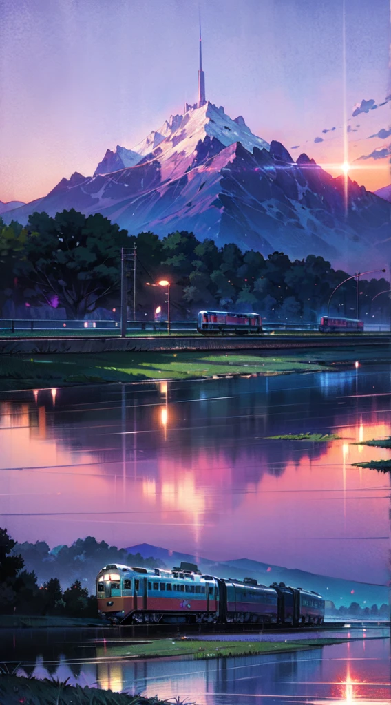 ((trains)), ((The train crosses a body of water under a pinkish-purple sky,anime scene)),Makoto Shinkai's painting style,Popular trends on Pixiv,magical reality,beautiful anime scenes,Cosmos Sky,Fantastic background painting,Lopfe art style,reflector。 Detail Enhancement,perfect image quality。author:new ansere, lofi art, beautiful anime scenes, Anime landscapes, Detailed view – width 672, Makoto Shinkai's style, Makoto Shinkai's style