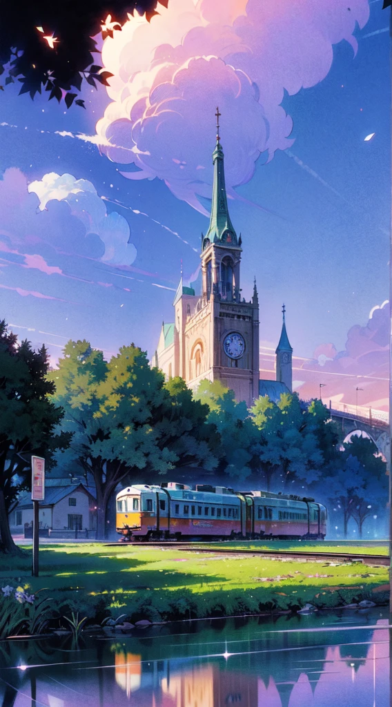 ((trains)), ((The train crosses a body of water under a pinkish-purple sky,anime scene)),Makoto Shinkai's painting style,Popular trends on Pixiv,magical reality,beautiful anime scenes,Cosmos Sky,Fantastic background painting,Lopfe art style,reflector。 Detail Enhancement,perfect image quality。author:new ansere, lofi art, beautiful anime scenes, Anime landscapes, Detailed view – width 672, Makoto Shinkai's style, Makoto Shinkai's style