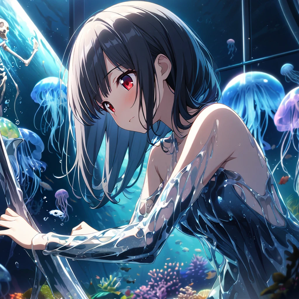 1girl、Black Hair、Red eyes、Skeleton Body、Liquid Dress、Blue jellyfish、aquarium、deep faint light 、 detailed CG、high resolution