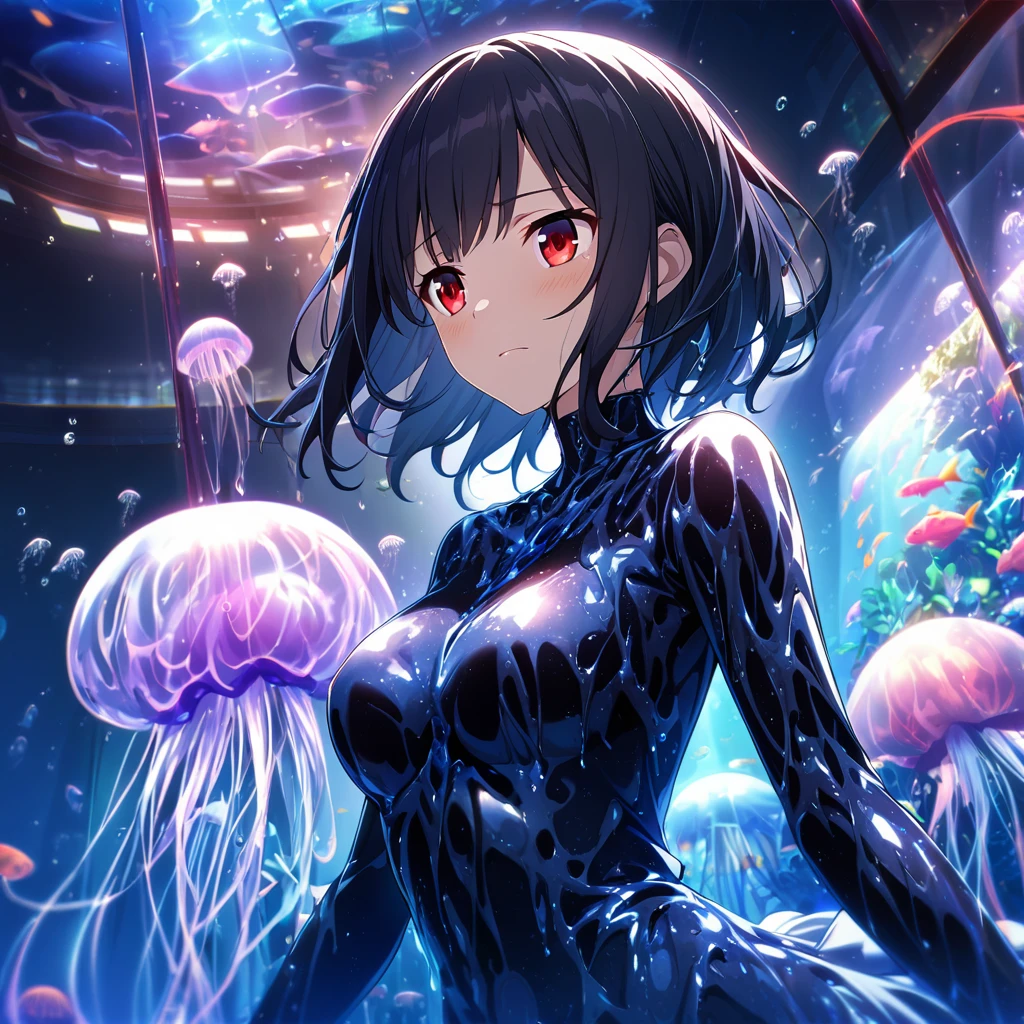 1girl、Black Hair、Red eyes、Skeleton Body、Liquid Dress、Blue jellyfish、aquarium、deep faint light 、 detailed CG、high resolution