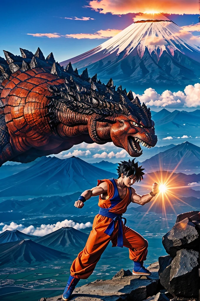 Goku fighting Ranma on top of Mount Fuji as Godzilla crushes them