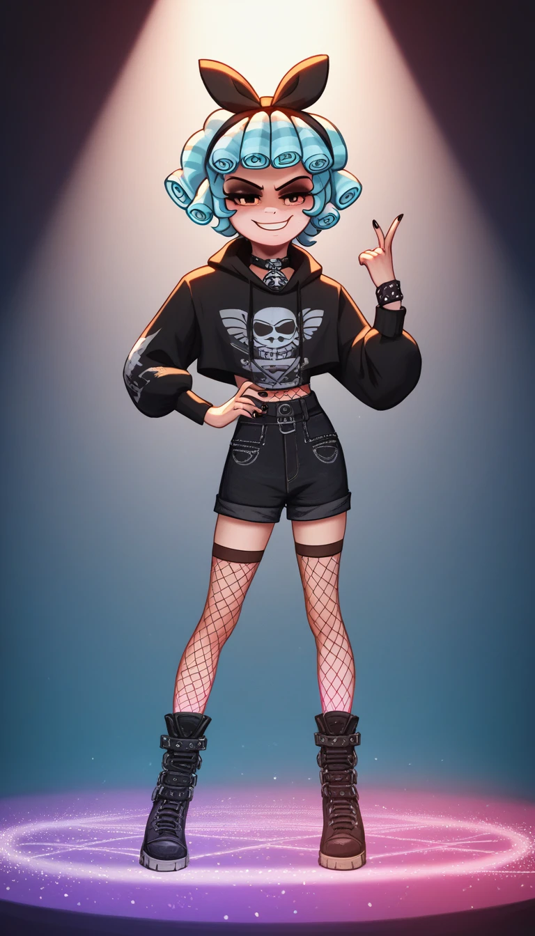score_9,score_8_up,score_7_up,score_6_up, cozy glow, emo pony, emo fashion, glowing backlight, fashion show, catwalk scene, glitter, whimsical, enchanted, magical, fantasy art concept, intricate details, smug smile