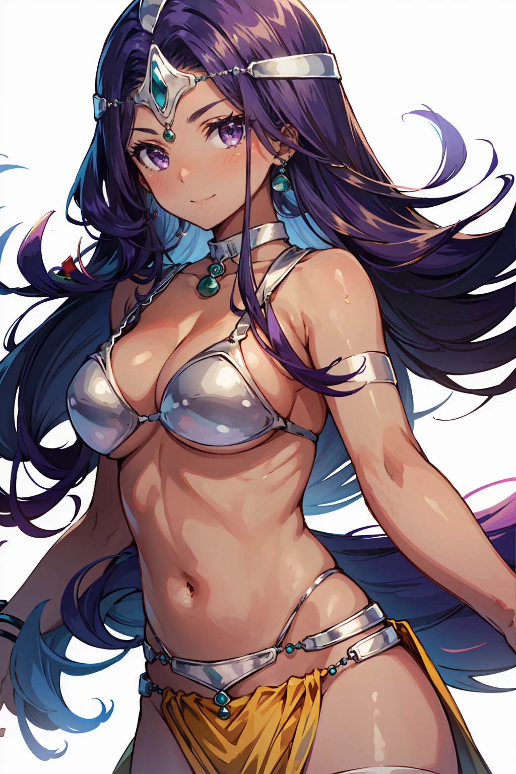 1girl, solo, dqManya, white background, cowboy shot, purple hair, bikini, loincloth, large breasts, cleavage, soft stomach, circlet, earrings, choker, bracelet, armlet, closed mouth, smile, blush
