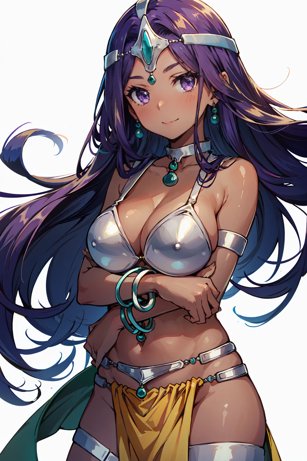 1girl, solo, dqManya, white background, cowboy shot, purple hair, bikini, loincloth, large breasts, cleavage, soft stomach, circlet, earrings, choker, bracelet, armlet, closed mouth, smile, blush
