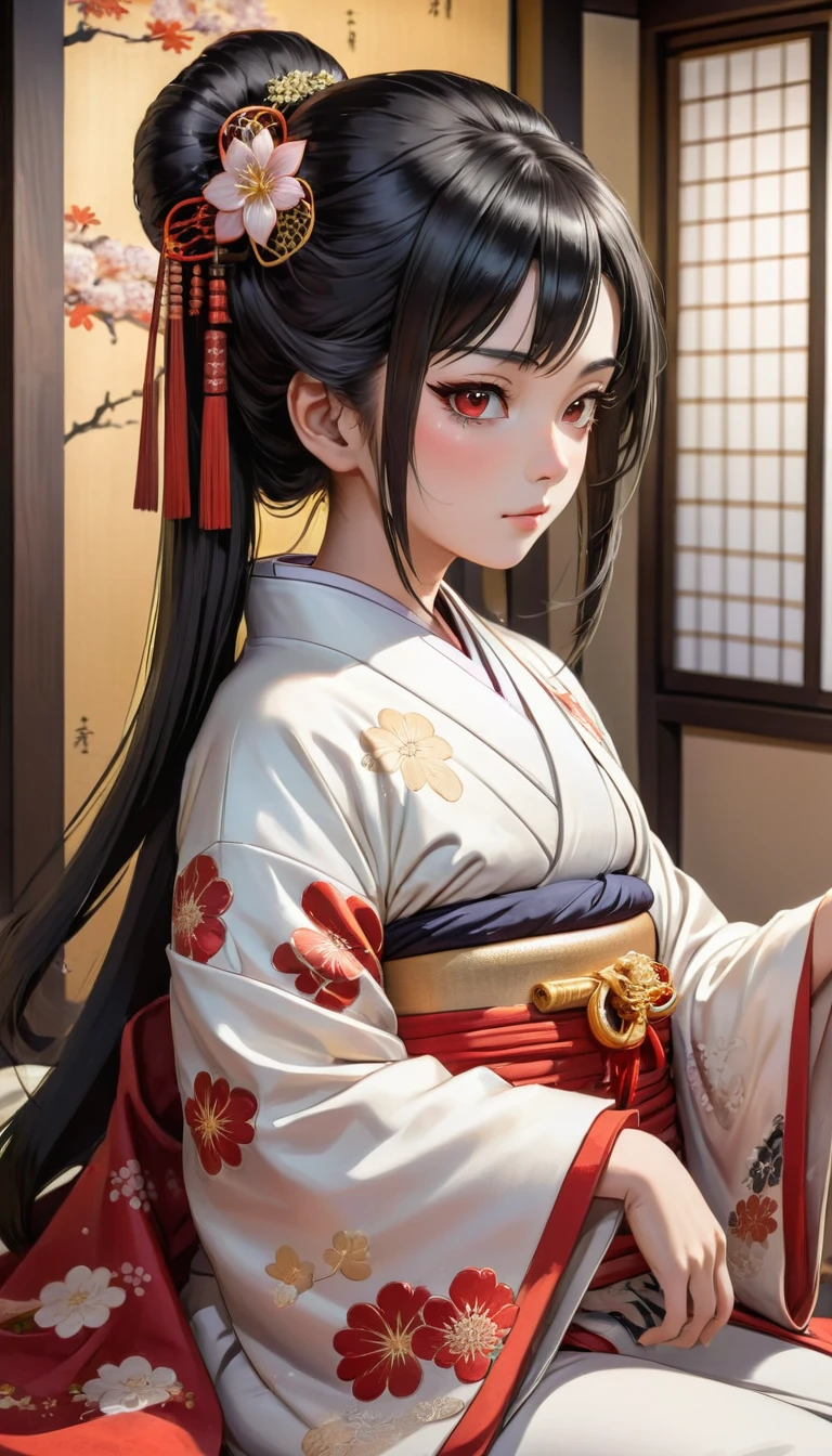 ((Highest quality)), ((masterpiece)), (detailed), （Perfect Face）、（The woman is a -yeld press from the Sengoku period in Japan., Long black hair and a beautiful face　Located in a luxurious samurai residence.、The woman is wearing a Japanese white kimono with a richly embroidered red shiny robe over it.　The red robe worn by Japanese princesses　Her hair is styled in a straight hime cut.　It is decorated with gorgeous ornaments from the Edo period.,   She is made to lie on her back on the futon and forced to have sex by a dirty old man, who thrusts his penis into her pussy, fucks her in the missionary position, and makes her give birth to a .