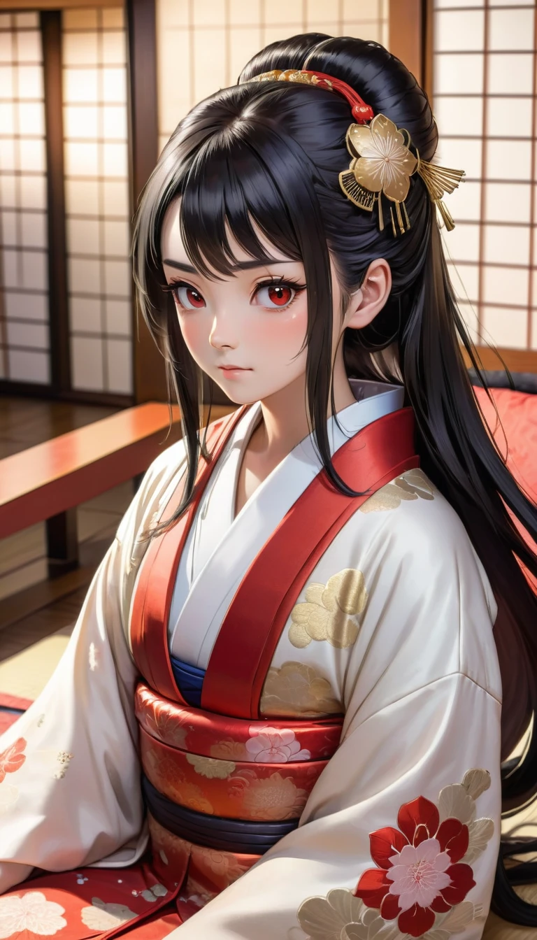 ((Highest quality)), ((masterpiece)), (detailed), （Perfect Face）、（The woman is a 12-year-old princess from the Sengoku period in Japan., Long black hair and a beautiful face　Located in a luxurious samurai residence.、The woman is wearing a Japanese white kimono with a richly embroidered red shiny robe over it.　The red robe worn by Japanese princesses　Her hair is styled in a straight hime cut.　It is decorated with gorgeous ornaments from the Edo period.,   She is made to lie on her back on the futon and forced to have sex by a dirty old man, who thrusts his penis into her pussy, fucks her in the missionary position, and makes her give birth to a .