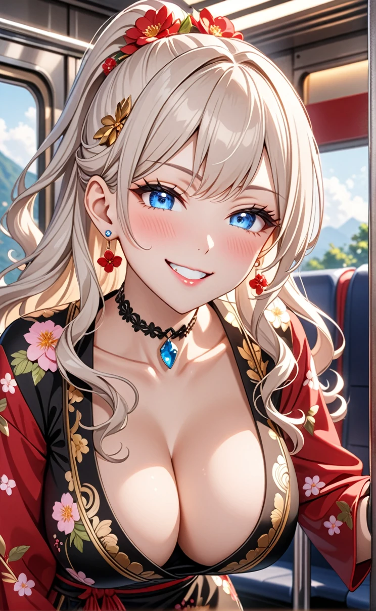 ultra-detailed, ((one girl)), (pale skin:1.3), gyaru, ((blue eyes)), (heavy makeup), hyper detailed, absurdres, 8K, Beautiful Face, (Laugh shyly), ((teasing smile:1.8)), ((Wink:1.7)), (Laugh with your mouth wide open),((Tilt your head:1.7)), View your viewers, ((full-face blushed:1.5)),Glossy Red Lips, ((Big Breasts:1.5)), (show off breast), noon, on the train, (Brighten your face), ((Anime style background)),masterpiece, Highest quality, so beautiful,Latest, Complex details, (Pink long nails), (nail art), (ring),(bracelet), (Floral Choker),AI-generated, Complex,High resolution, Highest quality, super high quality,3D Images、3D Images,One person,Long white hair,(High Ponytail), (wavy hair:1.3), White haired anime woman posing for a photo, ((Fine grain、blue eyes、glowing eyes:1.4)), (Squint your eyes:1.1),a hyperRealistic , hyperRealistic , Realistic,Anime woman with long white hair, Smooth anime CG art, (A girl in a gorgeous black kimono), ((Black furisode:1.3)), (Gold embroidery), Red floral pattern, ((undressing:1.5)), Long flower hair ornament,Floral Earrings,Mature Body, tall,Narrow waist, Sit in your seat, ((leaning forward:1.5), ((front view)),((Zoom up to face:1.3)),
