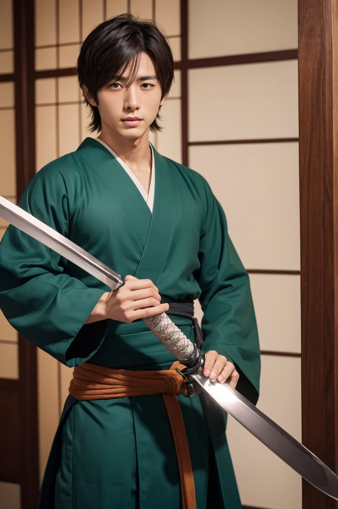Handsome Japanese swordsman with his huge penis visible