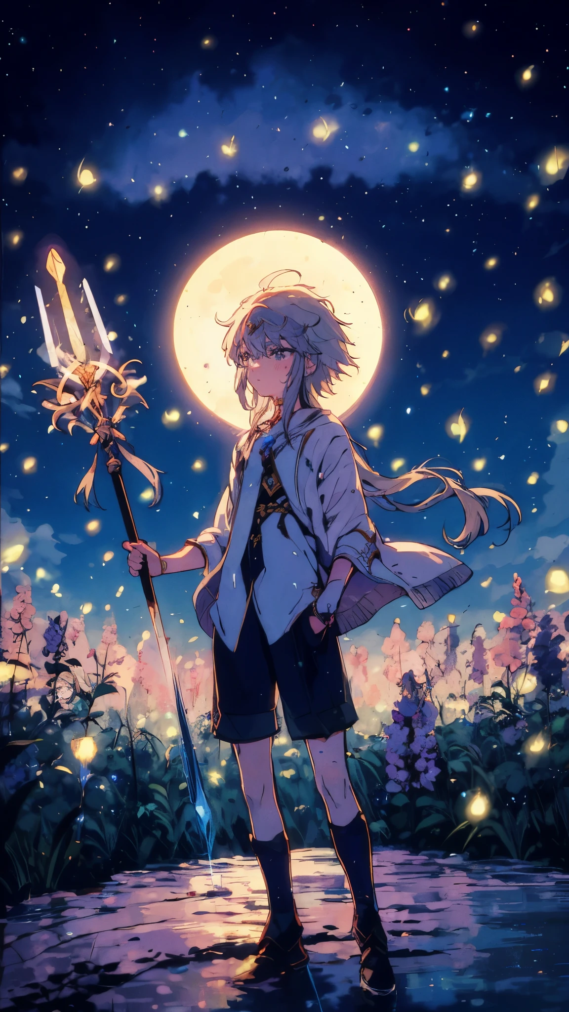 a teenage boy with long, flowing hair raising a mystical spear towards the full moon, standing in a field of wildflowers bathed in moonlight, fireflies dancing around her, tranquil scene, dreamlike quality, bioluminescent lighting, ((detailed mystical spear)), ((detailed anatomy)), ((detailed chibi face))