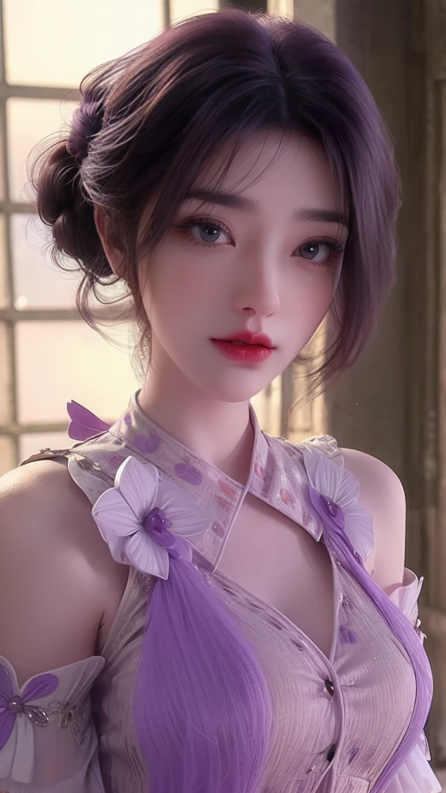 best quality, masterpiece, high resolution, 1 Girl,flirtatious,Seven colored hair,Oily and shiny lips,The transparency of clothes,(Show your shoulders),(chest),detail,(Upper Body),Star-shaped pupil,china hanfu,Hair accessories,necklace, Jewelry,Pretty Face,Above_Body, Tyndall effect,Reality, Dark Studio, Rim Light, Two-tone lighting,(高detail皮肤:1.2), 8K uhd, Digital SLR Camera, Soft lighting, high quality, Volumetric Lighting, frank, photo, high resolution, 4K, 8K, Bokeh