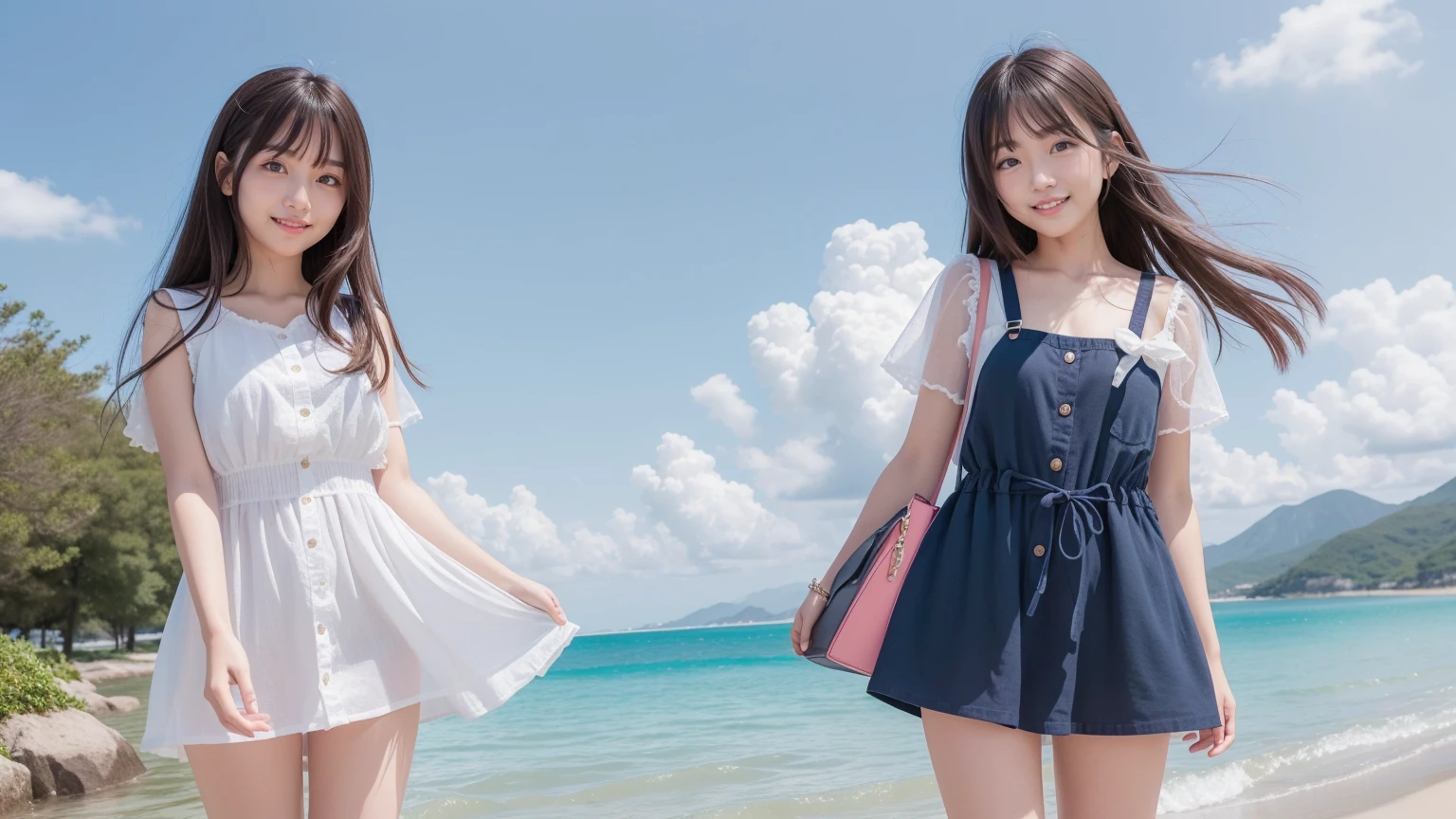 ((Attention to detail)),(Super detailed), 非常に詳細な CG ユニティ 8K 壁紙, Highest quality, 8K, 11 years old、girl、Two people、Fluffy long hair,、Mid-chest、Beautiful Skin、Beautiful legs、Thin legs、((smile))、sea,Summer outfit、