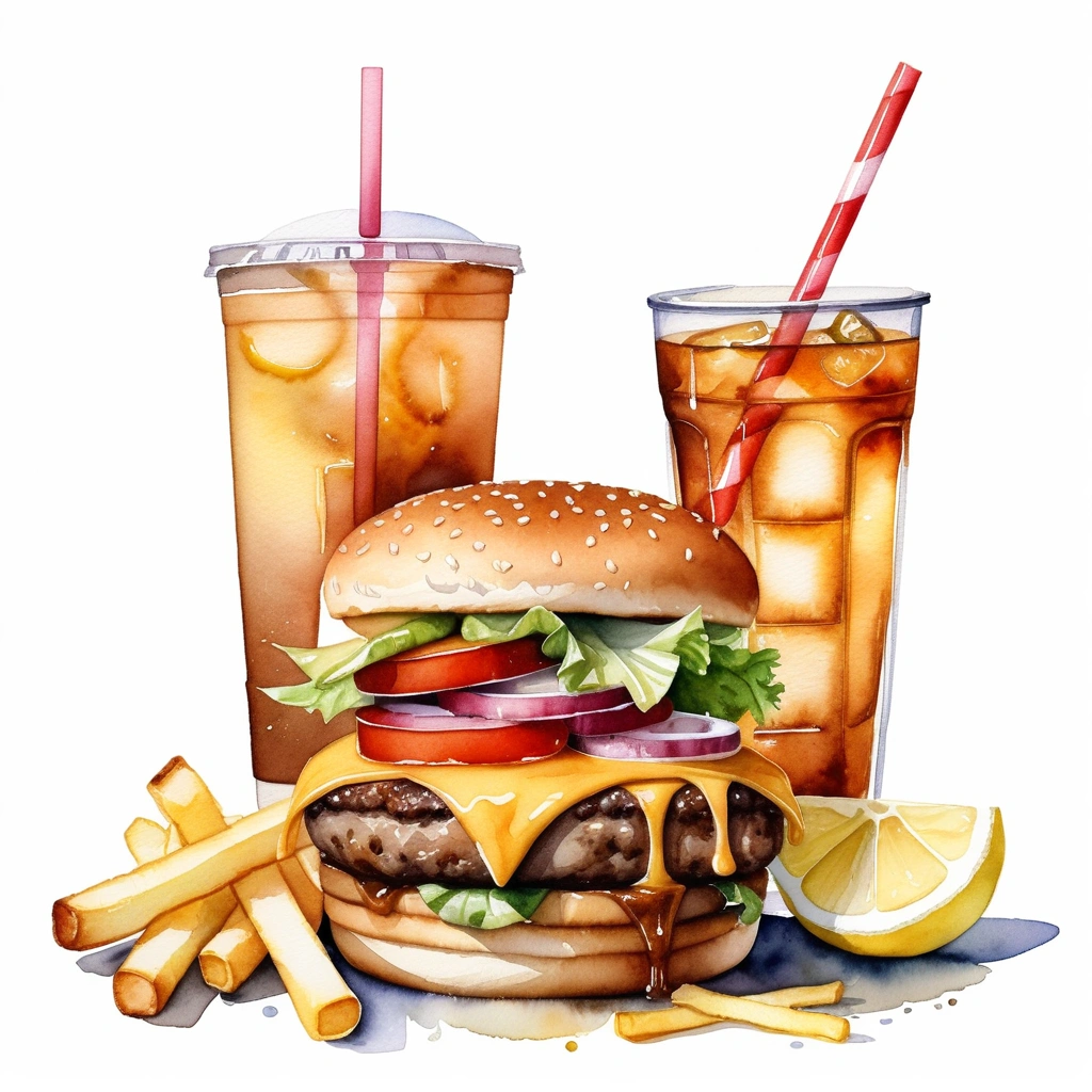 there is big and tall delicious hamburger with cheese, a lot of french fries, and one regular size glass of ice lemon tea with a straw, (watercolor), illustration, isolated with solid white background, surrounded with negative space, centered compositon, 8k, highly detailed painting, very precise painting
