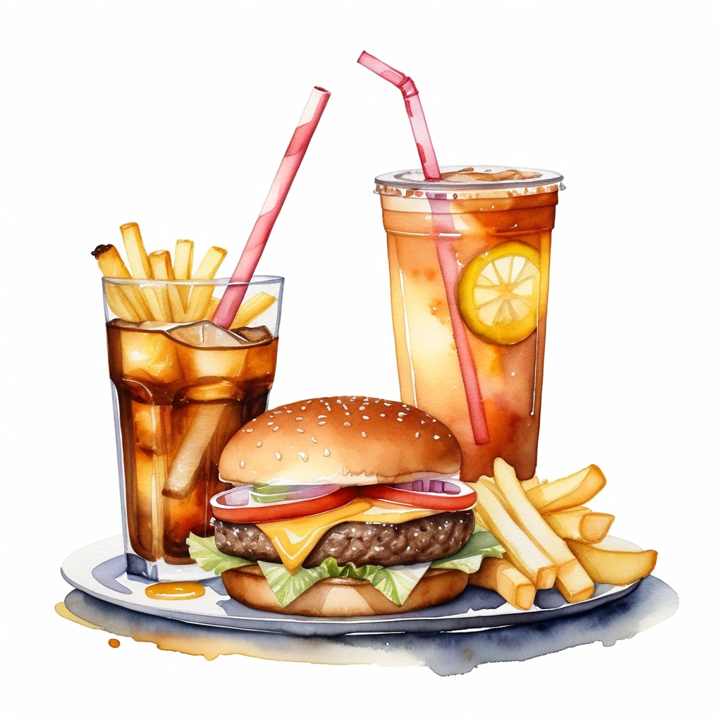 there is big and tall delicious hamburger with cheese, a lot of french fries, and one regular size glass of ice lemon tea with a straw, (watercolor), illustration, isolated with solid white background, surrounded with negative space, centered compositon, 8k, highly detailed painting, very precise painting