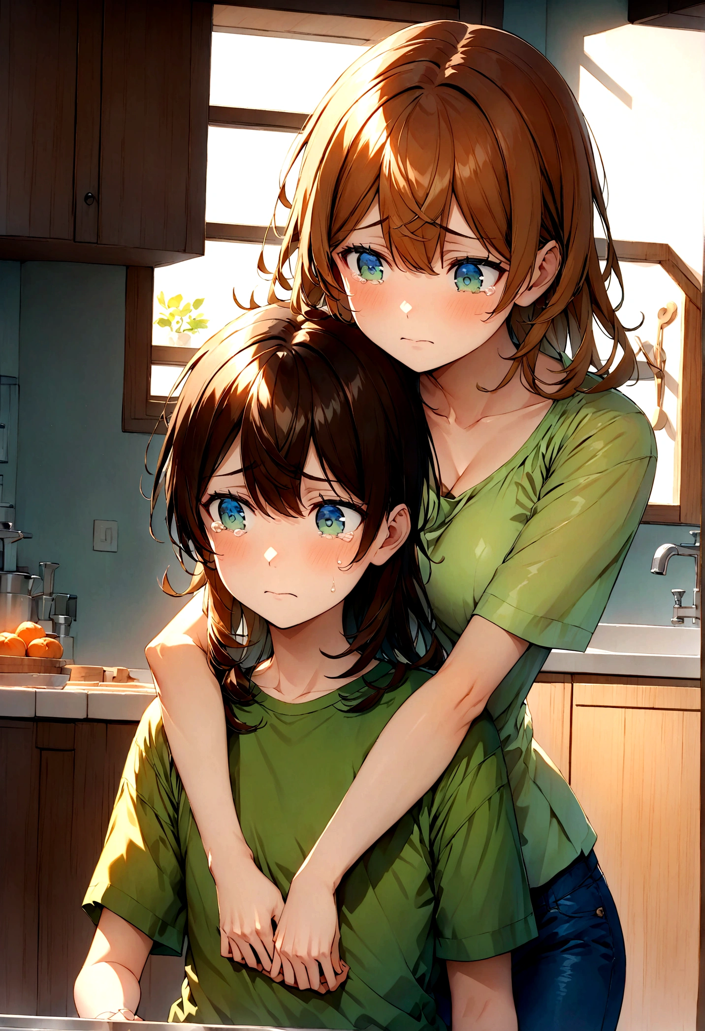 Jack is an -year-boy w tousled brown hair and bright blue eyes. He wears worn-out blue jeans, a bright green t-shirt with and sturdy brown sneakers.In the kitchen, Jack is visibly upset, tears streaming down his face. Mrs. Green, a woman with shoulder-length auburn hair and gentle green eyes, embraces Jack tenderly. Her expression is comforting and nurturing as she holds him close, offering reassurance and support in their cozy kitchen. The room is warmly lit, with cabinets and a sink visible in the background, creating a soothing atmosphere for their heartfelt moment together.