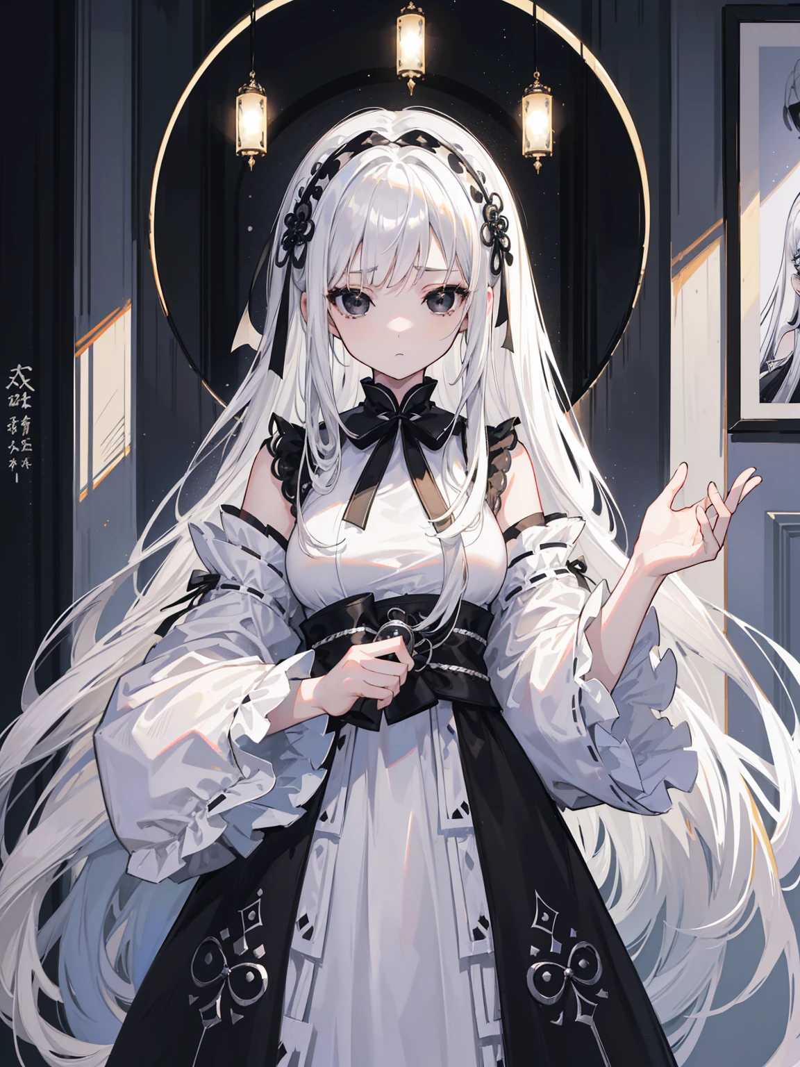 (Top image quality)、(Very detailed)、(Facing forward)、Top quality、masterpiece、(((1 girl )))、Silver Hair、White hair、((Long hair))、Weaving、(black eyes:1.6)、(White and black cheongsam)、Hooded dress、Lots of decorations、Lots of ribbons、White Ribbon、She looked grim.、Fluffy loose hair、Hanfu