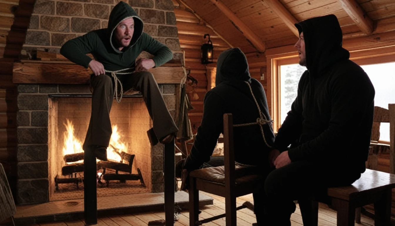 Man tied to a chair inside a cabin with a fireplace on, with another hooded man behind him speaking in his ear