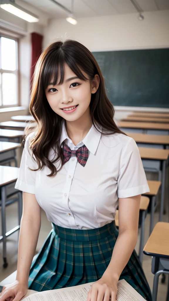 ((Highest quality、Tabletop、8K、Best image quality))、(1 photo:1.5)、very saturated、1 、Uniform shirt、pink plaid pleated skirt))、The happiest smile、Look at me、Wavy Hair、(studying in classroom:1.3)、School classroom background、Long eyelashes、Perfect Makeup、Accentuate your body lines、Big ample breasts、Blonde、Accurate anatomy、(Perfect Hair:1.2)、