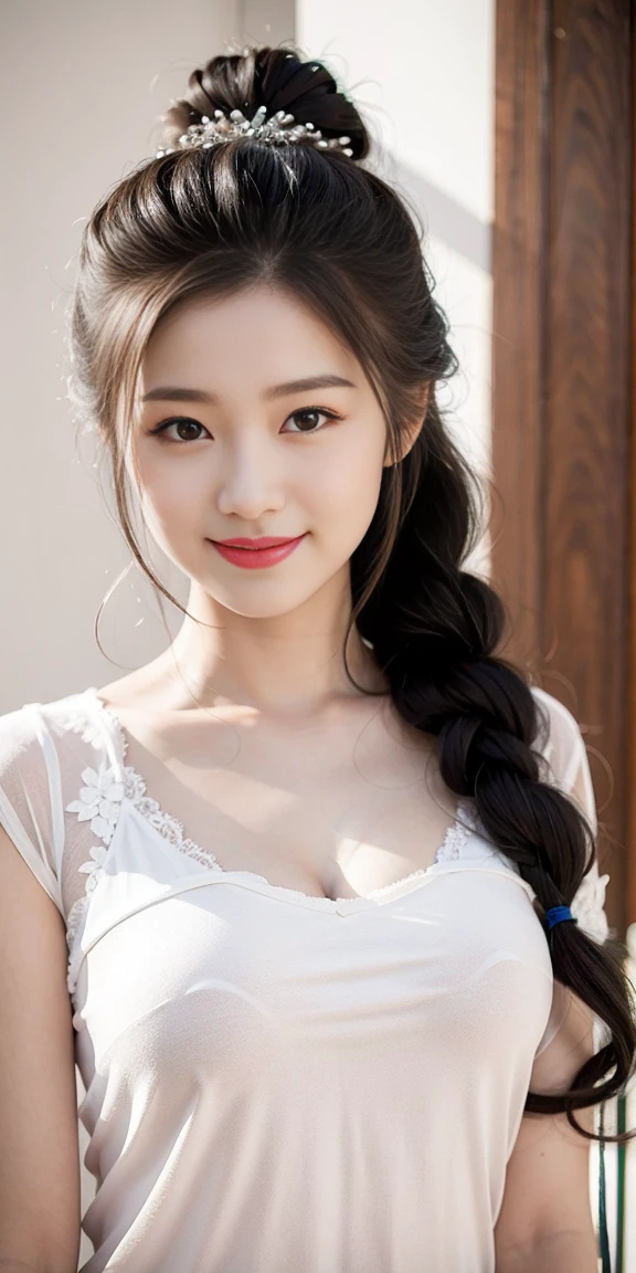 8K picture quality、high resolution、Realistic skin texture、high resolutionの瞳、Miss、日本夏季办公室Miss、Sleeveless knitted shirt、Princess hairstyle、Thin、、32 inches in the chest,(a charming smile:1),、Brown hair、Thin脚、Large target、Sweat accumulates on the chest、roof、Comb your hair up