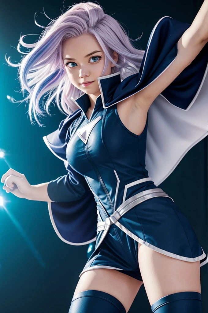 Boku no hero academia comics panel of a female she has pearl colored hair, and she is a hero, she is wearing a dark blue hero costume and white hero cape