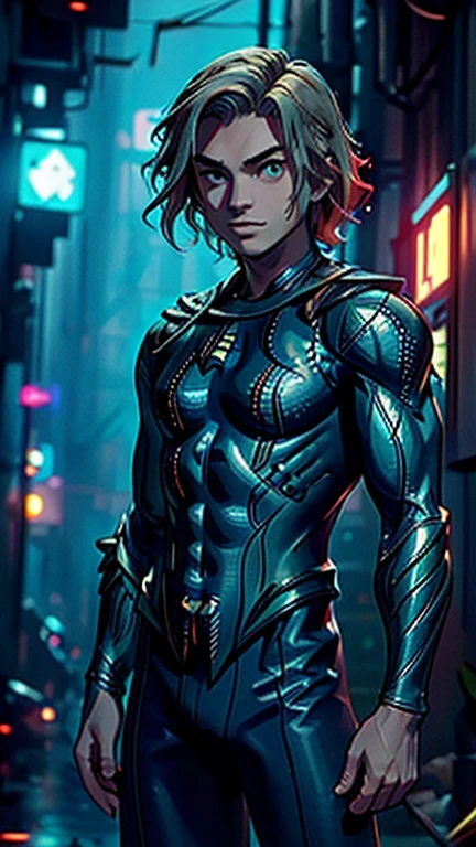 best quality,masterpiece,1boy,solo,(((13years old))),japanese boy,an extremely cute and handsome boy,highly detailed beautiful face and eyes,petit,cute face,lovely face,baby face,shy smile,show teeth, Blonde hair,Long hair,flat chest,skinny,slender,(((wearing a Aquaman costume))),(((standing in Dark Midnight Neon Glow light Cyberpunk metropolis city))),he is looking at the viewer,