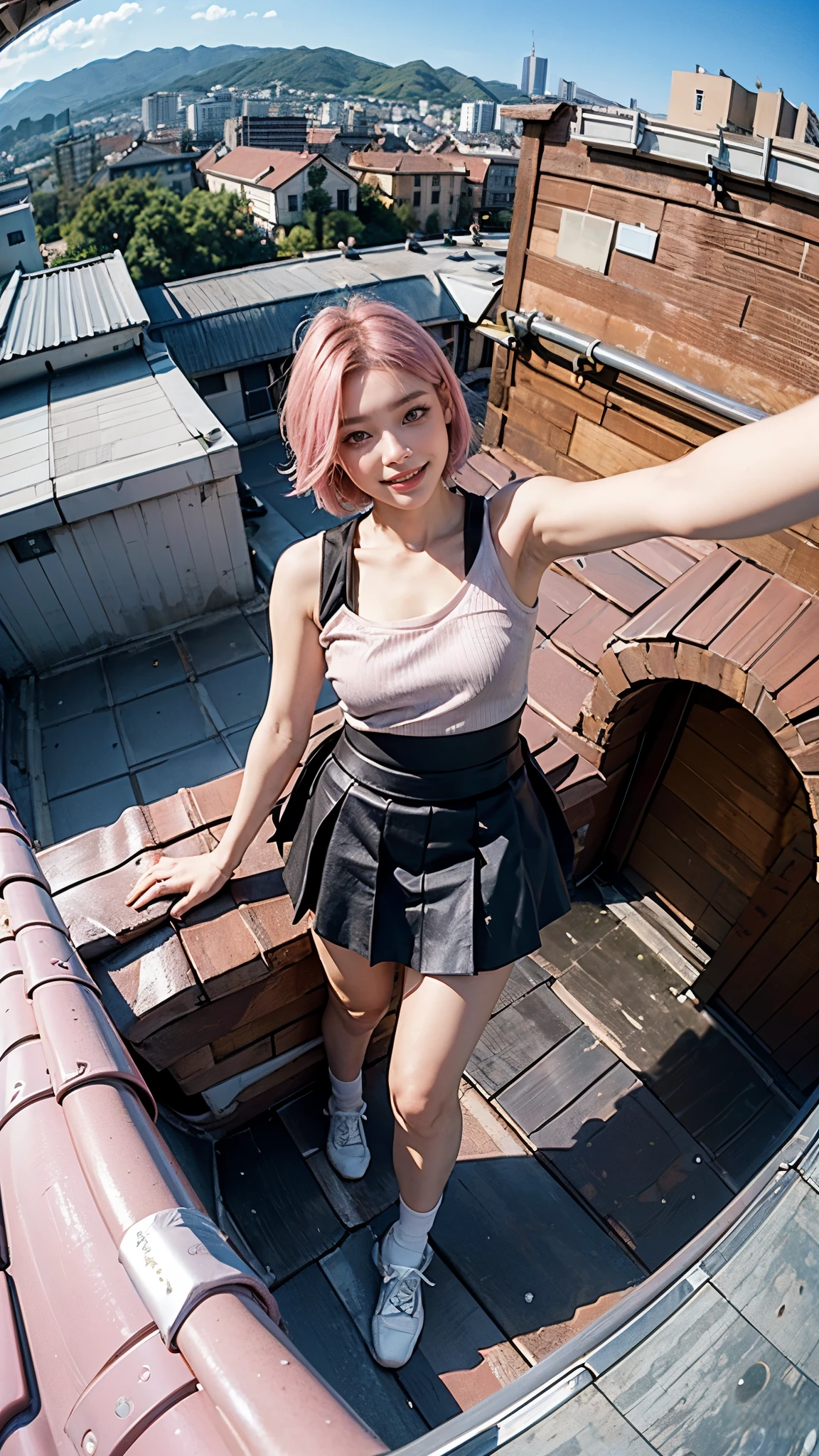 Highest quality, masterpiece, Ultra-high resolution,8K, (Realistic:1.6), (Make-up portrait:1.4) RAW Photos,((Platinum pink short hair side-parted hairstyle)), ((loose socks)),Soft looking breasts,((Jet black blue mini skirt fashion)),((k-popアイドルメイク)),One girl,(smile, Showing teeth)), 26 talents,,((Looking up at the audience)),Face Focus:1.4,((Taking a selfie from the rooftop with a fisheye lens:1.4)),