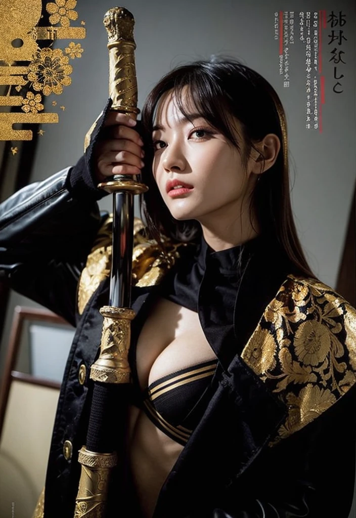 An arafed asian woman in a black and gold outfit holding a sword, by Kanō Tan'yū, masayoshi suto and artgerm, Yoshitomo Nara, she is holding a katana sword, very beautiful cyberpunk samurai, kunoichi, japanese model, sophisticated gravure idol, katana.
Masterpiece, ultra detailed, realistic, photo realistic, high detail RAW color photo, professional photograph, extremely detailed, finely detail, lens flare, Dynamic lighting, 8K, RAW Photo, Best High Quality, Masterpiece: 1.2, Ultra HD: 1, High Detail RAW Color Photo, Pro Photo, Realistic, Photo Realistic: 1.5, Live Photo, Super detailed, Masterpiece, Real Skin, Realistic Skin, Realistic HD Eyes, Highly detailed Eyes, Perfect Eyes, Perfect face, Perfect fingers, extremely detailed face, extremely detailed eyes, extremely detailed skin, perfect anatomy.