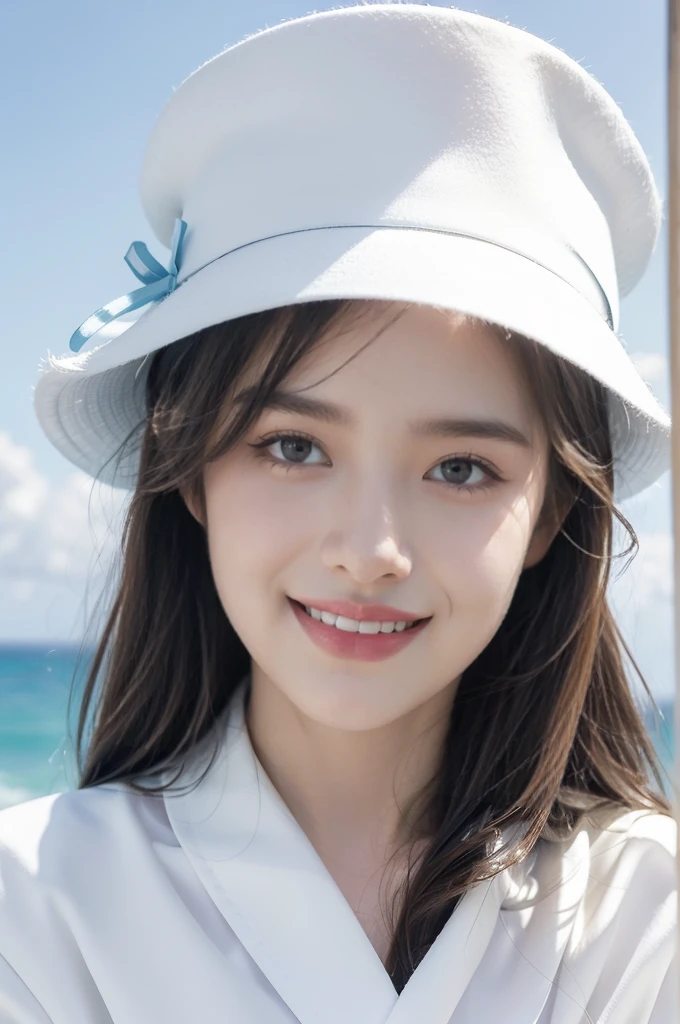 (((best quality))),(((ultra detailed))),(((masterpiece))),illustration,1girl, beautiful, blue sailor uniform, aircraft carrier, summertime, day, vast ocean, blue sky, radiant smile, youthful charm, beautifully tailored uniform, white collars, cuffs, red ribbon, white hat, anchor symbol, marine-inspired attire, strength, power, fighter jets, sleek design, powerful engines, awe, wonder, opportunities, possibilities, sun, warm glow, joy, excitement, vibrant smile, captivating surroundings, picturesque moment, summer beauty, ocean strength, human ingenuity, endless possibilities