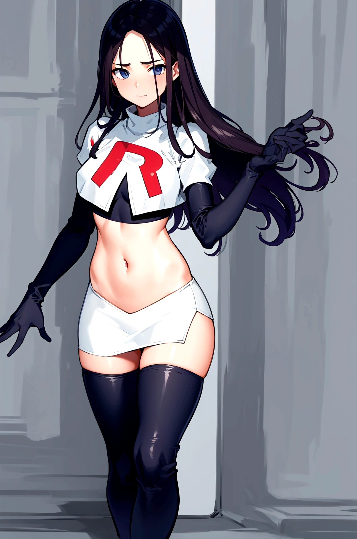 masterpiece, best quality, team rocket,team rocket uniform, swxy, virjin, stupid, villian,female officer's uniform, crop top, black jeans on ass