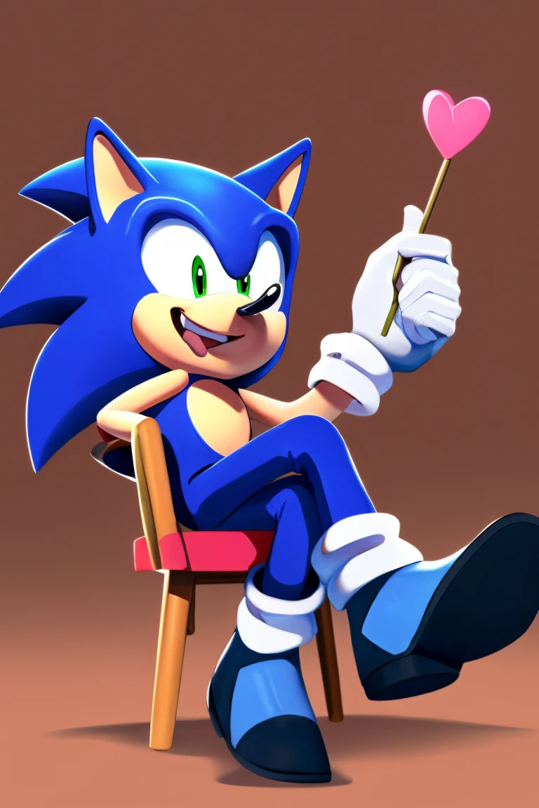 Sonic the Hedgehog, 1 man, blue all over, tongue sticking out, smiling slightly, wearing black tracking boots, heart, sitting in chair.