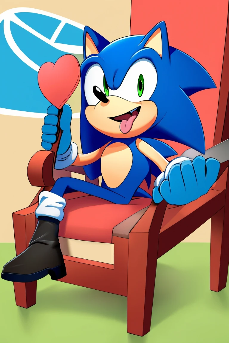 Sonic the Hedgehog, 1 man, blue all over, tongue sticking out, smiling slightly, wearing black tracking boots, heart, sitting in chair.