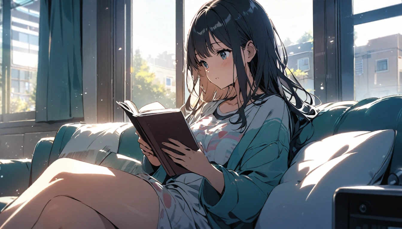 Girl sitting on sofa reading a book,In front of a large window,Morning sunlight,Streetscape、listen to music、