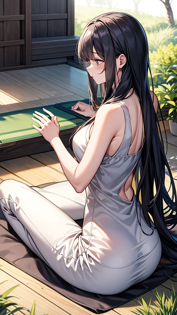 **background**:Digital Detox Retreat、A natural environment where you can avoid using your smartphone
**woman**:Long Hair、リラックスしたアウトドアスタイルを着たwomanが、meditating on a yoga mat