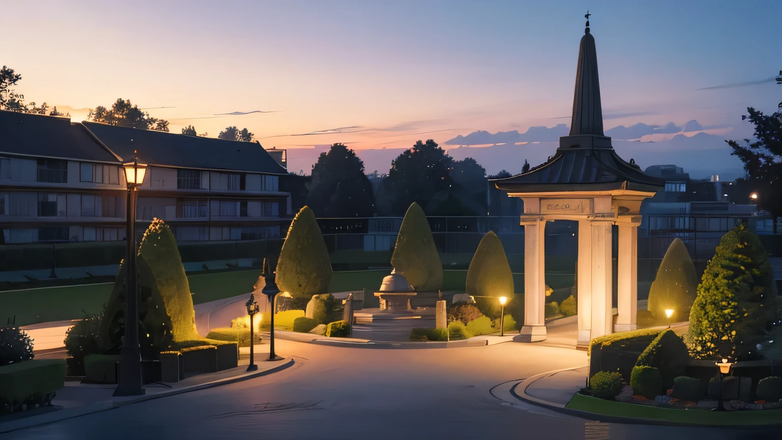 Realistic small park at dusk,Ultra-realistic,Background only,Do not depict people