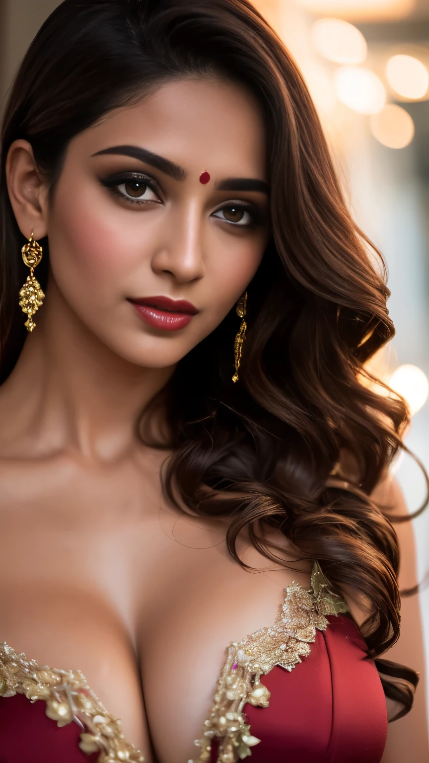 Extremely detailed, women, elven, Pakistani women, beautiful body, wearing traditional dress(velvet and golden), beautiful enormous size breast, beautiful face, sexy greenish gray eyes, sexy look, light pink lips, sexy smile, gray waves hairstyle, blur background