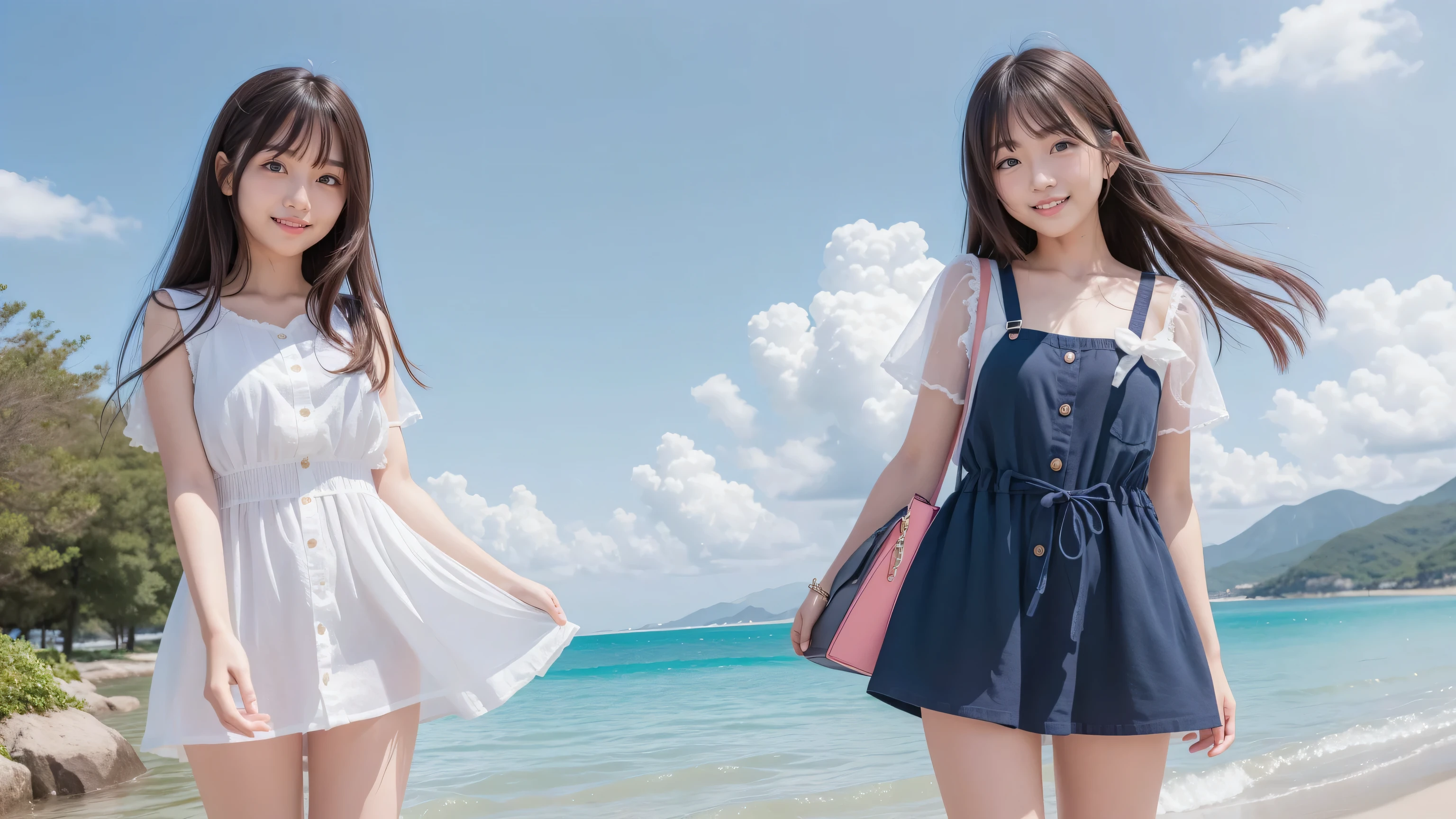 ((Attention to detail)),(Super detailed), Highly detailed CG Unity 8k wallpaper, Highest quality, 8K, 11 years old、girl、Two people、Fluffy long hair,、Mid-chest、Beautiful Skin、Beautiful legs、Thin legs、((smile))、sea,Summer outfit、