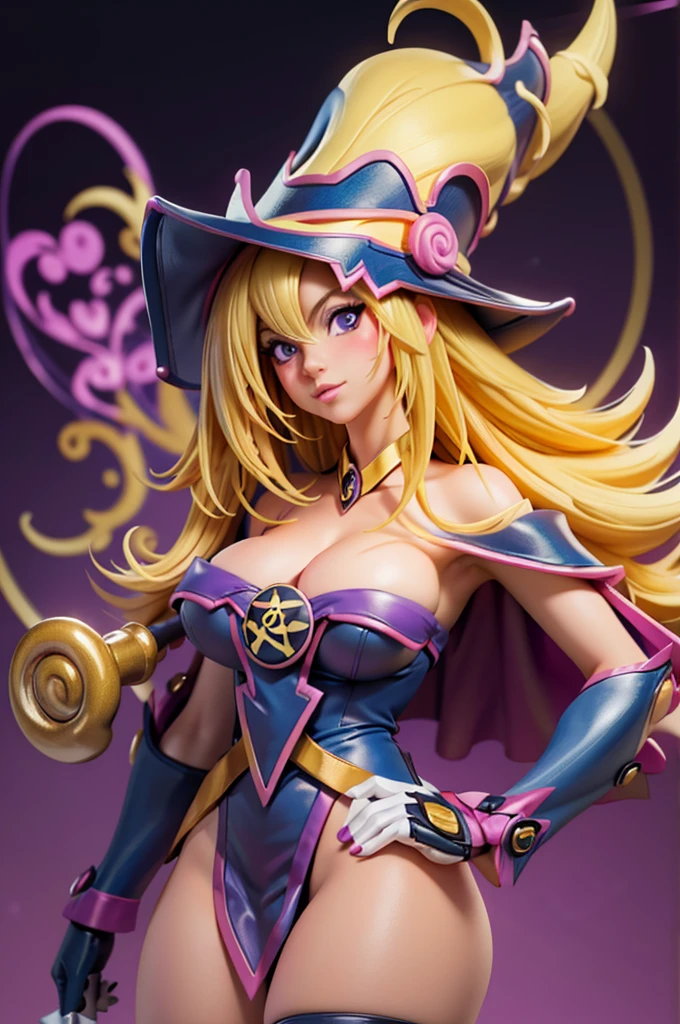 Close up, Oscura himself , blonde milf, blonde long hair, sexy, Subjective and sensual pose , large breast implants, very big breasts, nipples, purple gloves, the wand of a large magician. magic castle background