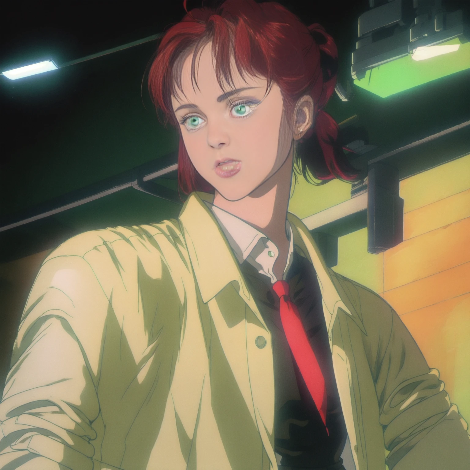 a woman in a suit and tie with a red tie on her head and a green light in the background