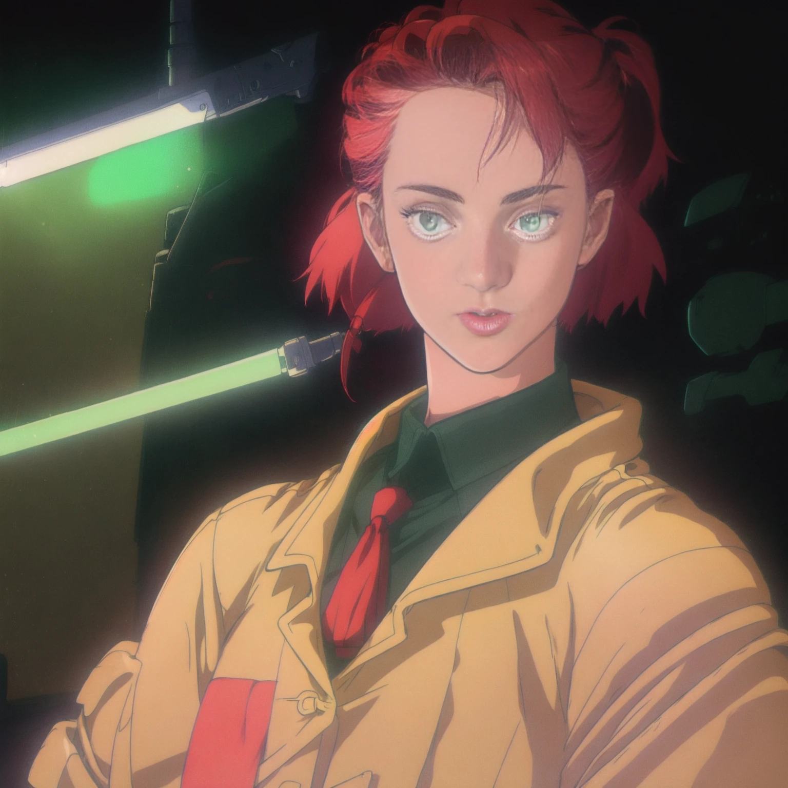 a woman in a suit and tie with a red tie on her head and a green light in the background