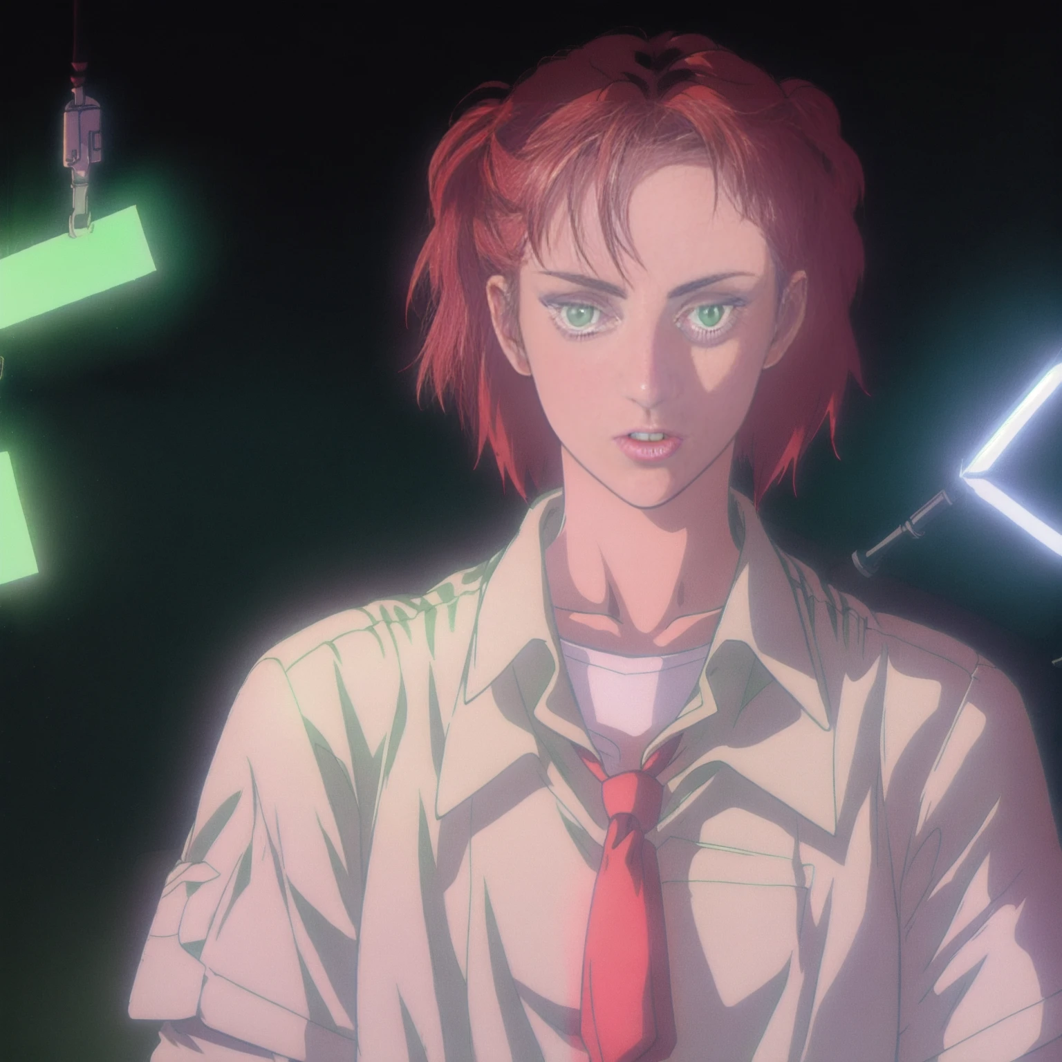 a woman in a suit and tie with a red tie on her head and a green light in the background