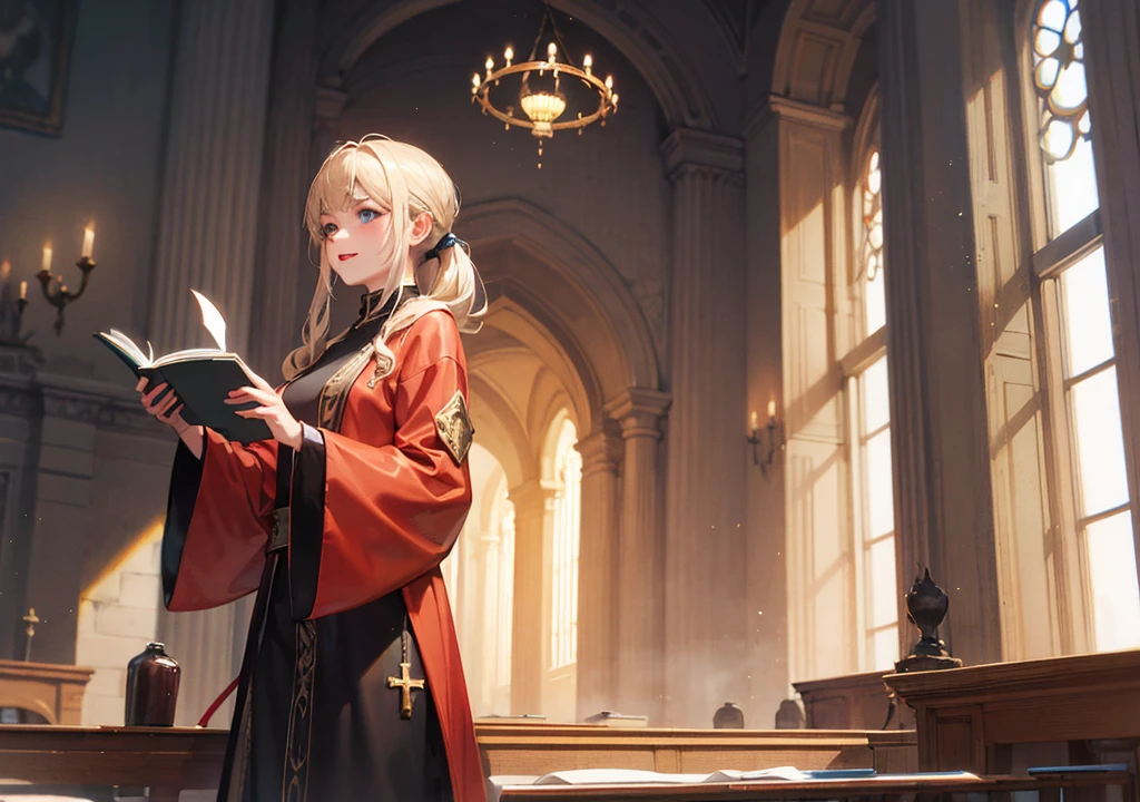 Realistic photos, Focus distance 10mm, A big smile, Curly blonde hair, Beautiful girl, Realistic photos, Focus distance 10mmで撮影, masterpiece, 最high quality, high quality, Very detailed CG 8k wallpaper unit, Award-winning photography, Bokeh, Depth of written boundary, High resolution, bloom, chromatic aberration, Realistic, Very detailed, Art Station Trends, CGsociety Trends, Complex, High detail, dramatic, Art on the go, volumetric lighting, Final Fantasy style beautiful girl、Blue Eyes、Blonde ponytail、Clergyman's robe、Bible in hand and orb of light、Cathedral in the background