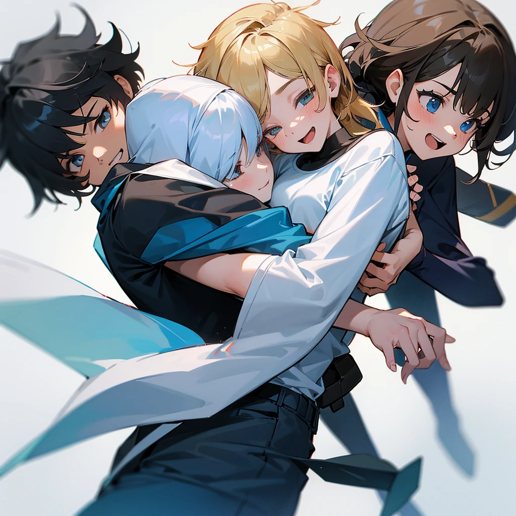A teenagers friend group comformed by 2 boy and 2 girls, they are so friendly between them, white background