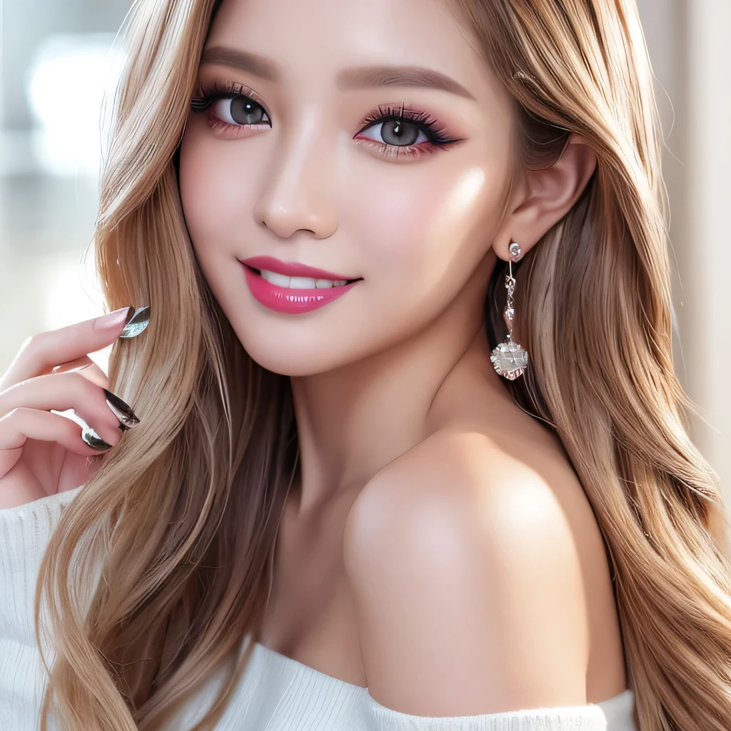 ((Highest quality, Tabletop, Ultra-high resolution、The most complex and detailed depiction))、(Very bright lighting:1.1)、(spring-like clothes)、(Beautiful woman:1.1)、(Long Wavy Hair:1.05), (Accurate anatomy:1.1)、Colored contact lenses、Perfect Makeup、、lipstick、Highly saturated eyeshadow、Loose off-the-shoulder knit、Short skirt、Blurred Background, Look at me and smile、Fine dining、(Face close-up:1.1)、(Ultra-high resolution gloss, Fair skin:1.1)、Ultra-high resolutionの顔、Ultra-high resolutionの髪、Ultra-high resolution sparkling eyes、Ultra-high resolution glossy lips、(Brightly lit white skin:1.1)、Beautiful face drawn in every detail、Ultra-high resolution perfect beautiful teeth、(Bright and vivid:1.1), whole body,bionde,Platinum Hair,Brown Hair,