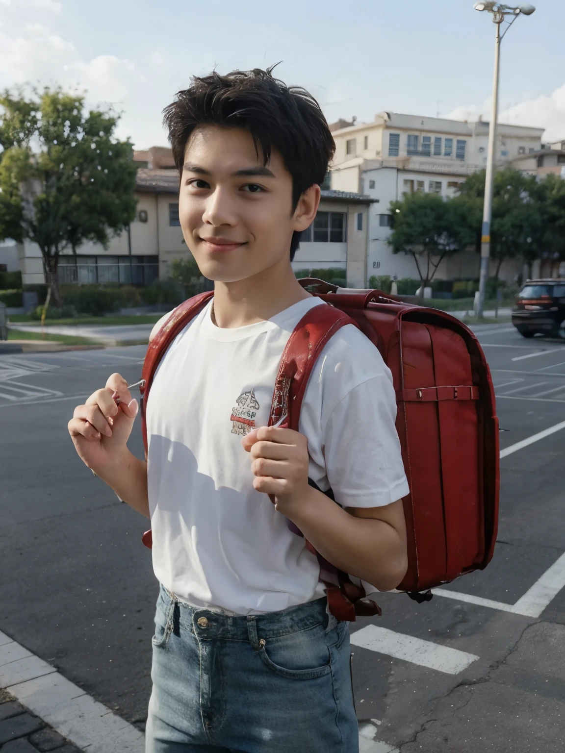 Masterpiece, hd, realistic, 1boy, 18 year old male high school girl standing on outdoor , wearing white shirt, denim pants,best smile,brown with short cut:1.5,,Carrying a school backpack, (school backpack:1.2)